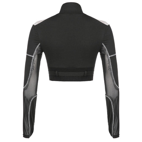 Top corto de motociclista con cuello alto, cremallera frontal, manga larga, aberturas de malla y hebillas - Negro