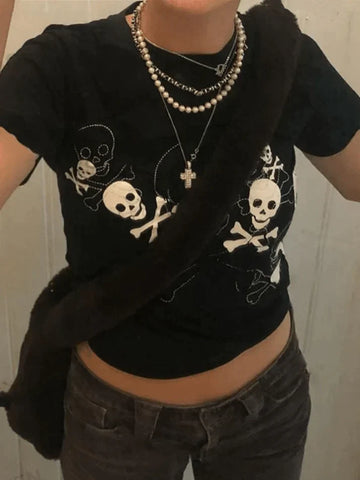 Schwarzes, kurzärmliges Crop-Top mit Totenkopf-Print