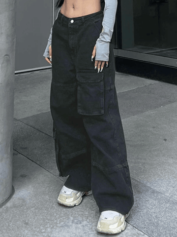 Black Wash Pocket Baggy Cargo Jeans