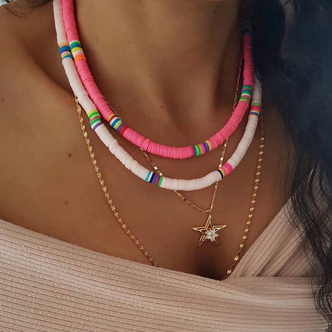 Collar bohemio playero con cuentas de colores variados - Rosa