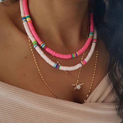 Collar bohemio playero con cuentas de colores variados - Rosa