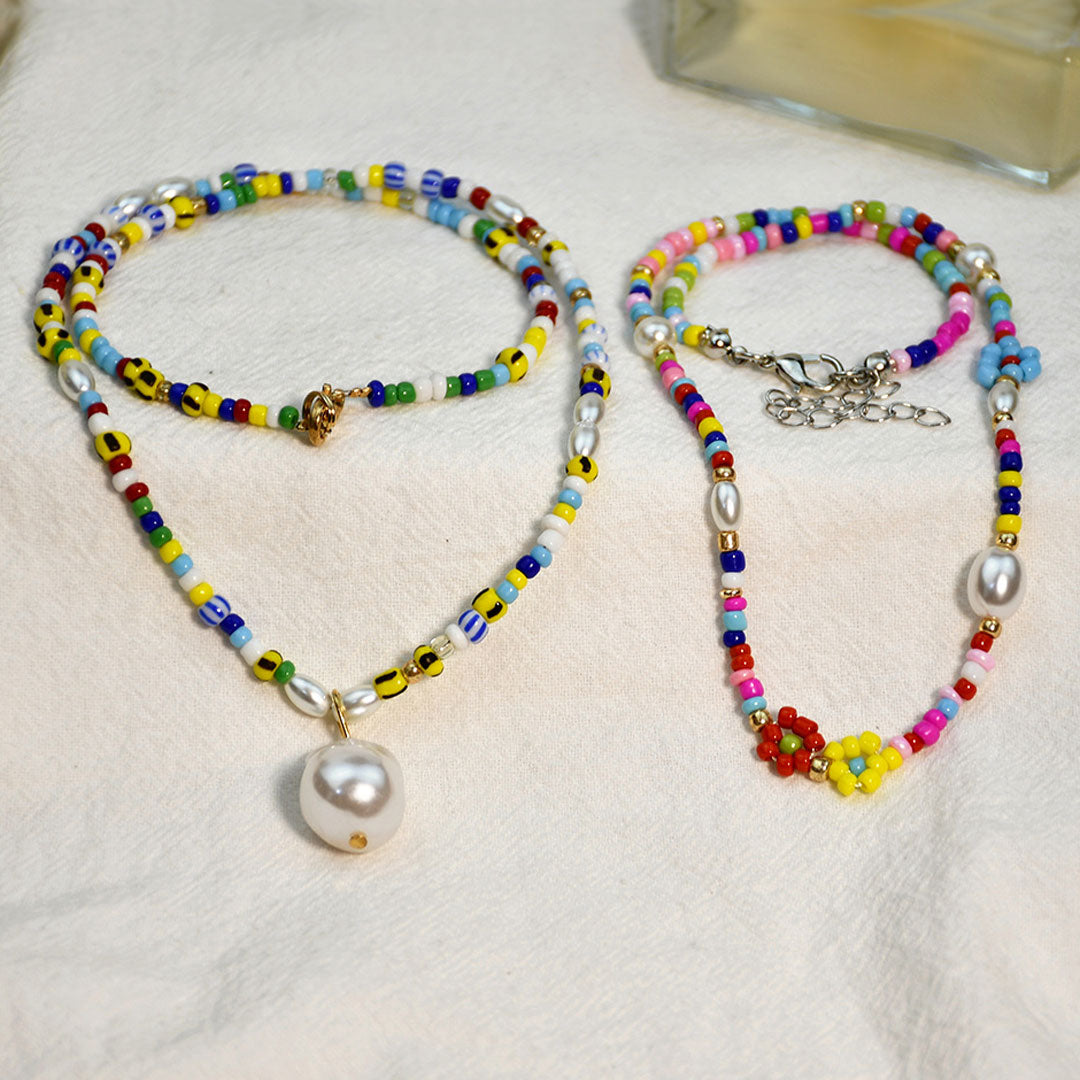 Boho Baroque Pearl Bead Pendant Charm Necklace - Multicolor