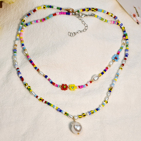 Boho Barock Perlen Anhänger Charm Halskette - Mehrfarbig