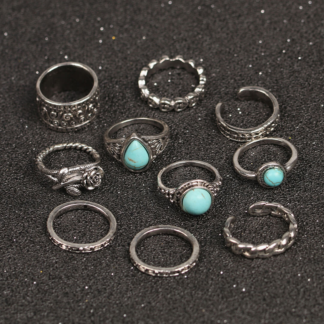 Boho Style Multi Mix Stone Trimmed Embossed Ring Set - Silver