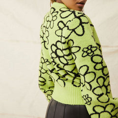 Bold Contrast Floral Bishop Sleeve Rib Knit Sweater - Green