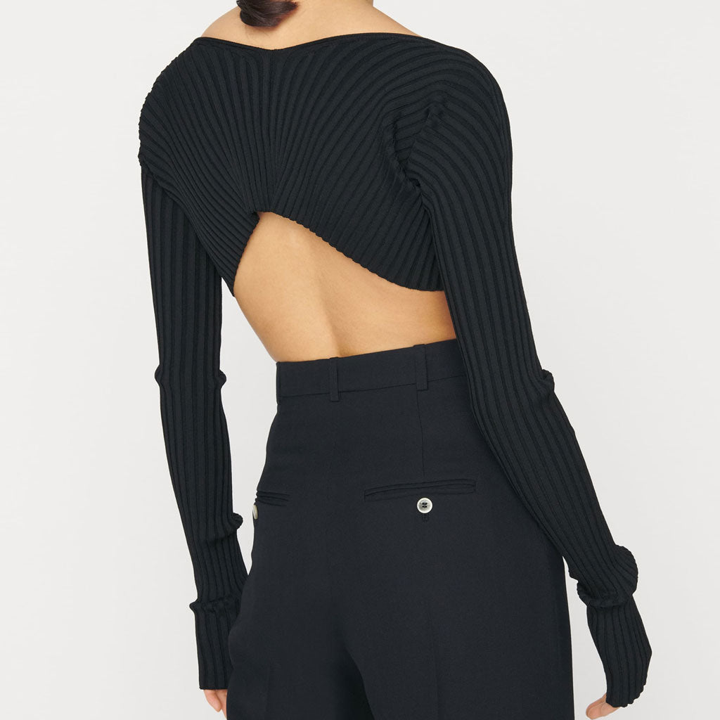 Bold Letter Chain Open Front Long Sleeve Ribbed Crop Cardigan - Black