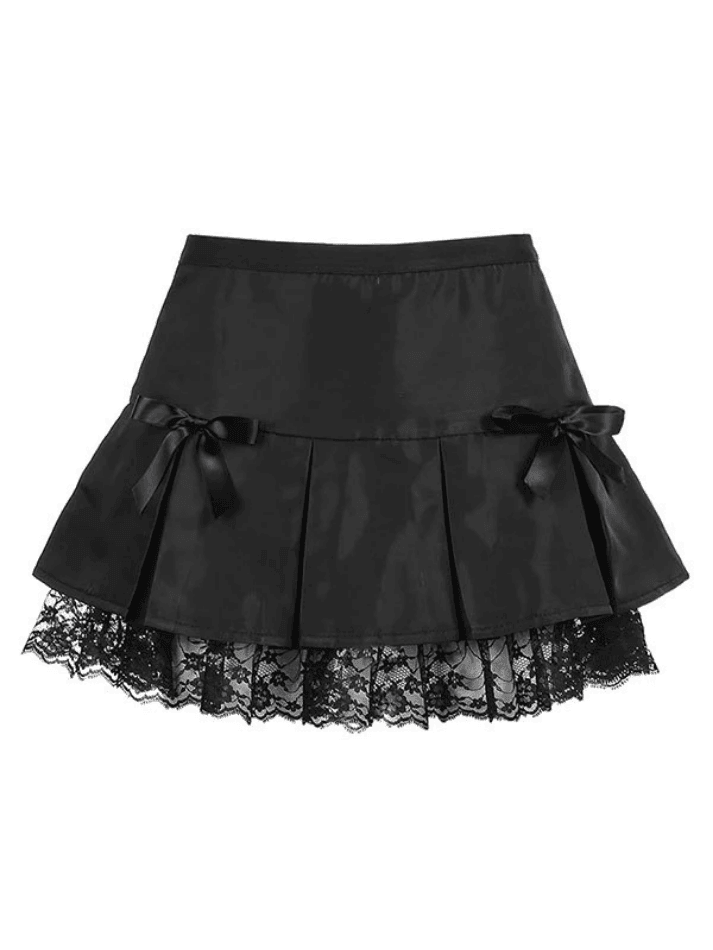 Bow Lace Paneled Pleated Mini Skirt