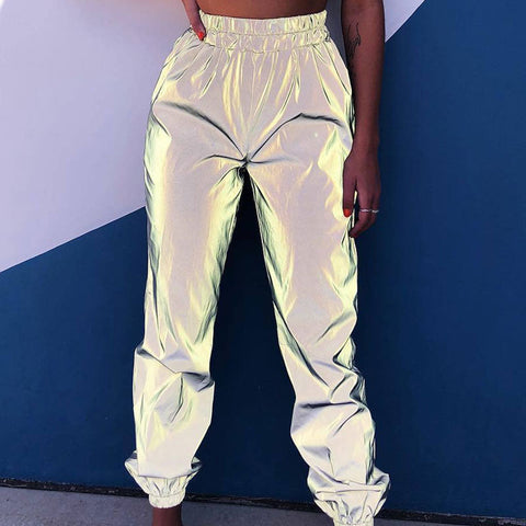 Joggers de cintura alta elásticos reflectantes estilo boyfriend - Gris