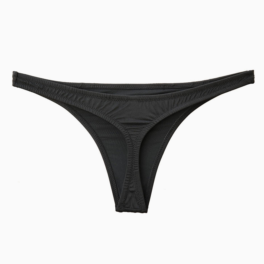 Brazilian Solid Color High Cut Ruched Bikini Thong Bottom - Black – Omcne