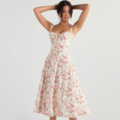 Vestido veraniego midi con abertura y lazo en la espalda, estampado floral y fresco - Rosa