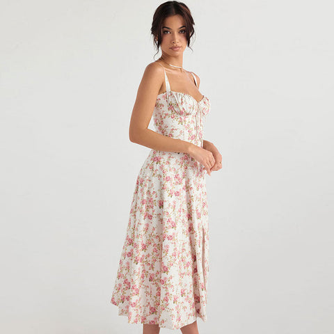 Vestido veraniego midi con abertura y lazo en la espalda, estampado floral y fresco - Rosa