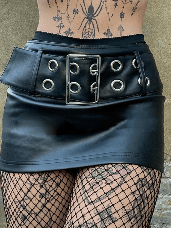 Buckle Belt Pu Black Mini Skirt