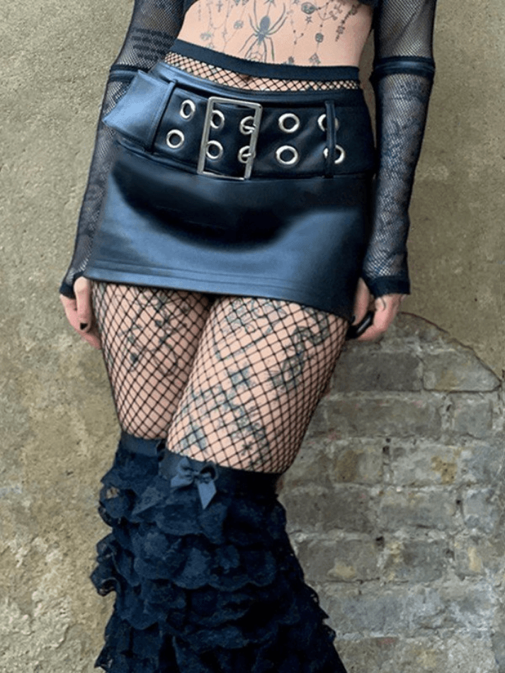 Buckle Belt Pu Black Mini Skirt