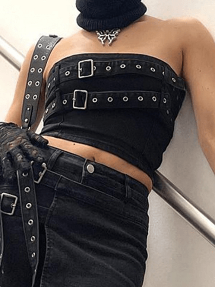 Bandeau-Top aus Denim mit Schnallengürtel