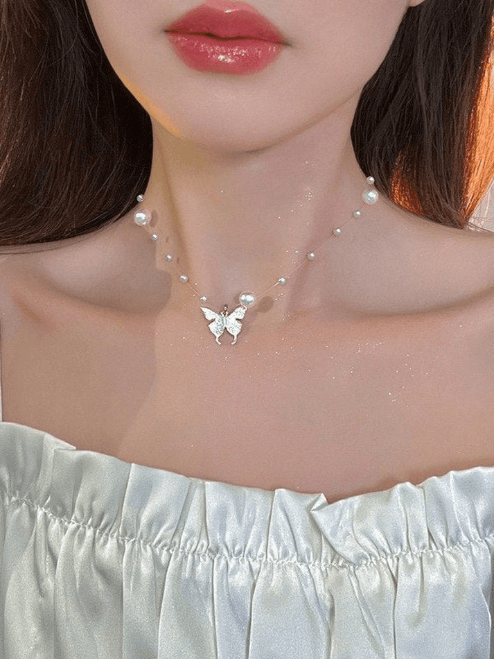 Butterfly Charm Pearl Necklace