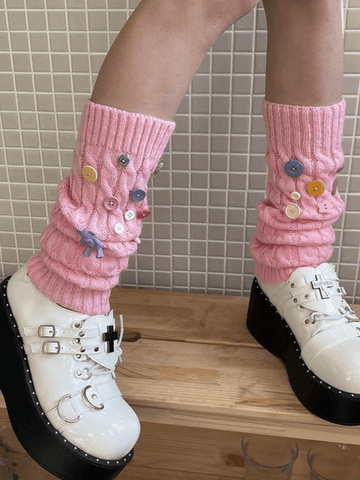 Button Embellished Cable Knit Leg Warmer