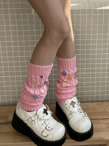 Button Embellished Cable Knit Leg Warmer