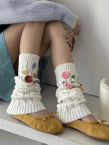 Button Embellished Cable Knit Leg Warmer