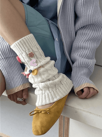 Button Embellished Cable Knit Leg Warmer