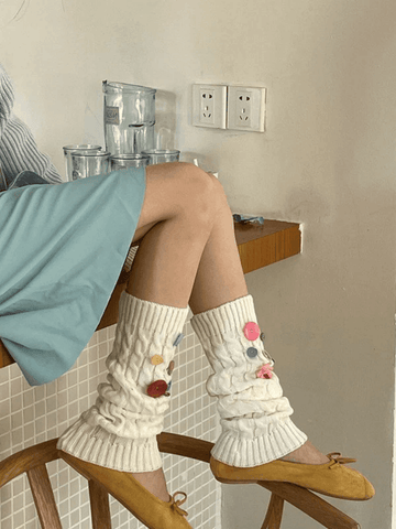 Button Embellished Cable Knit Leg Warmer