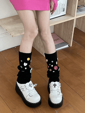 Button Embellished Cable Knit Leg Warmer