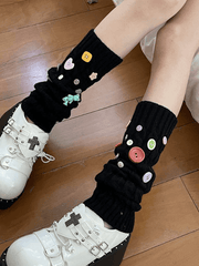 Button Embellished Cable Knit Leg Warmer
