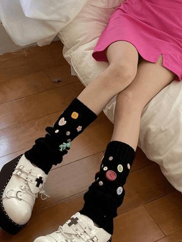 Button Embellished Cable Knit Leg Warmer