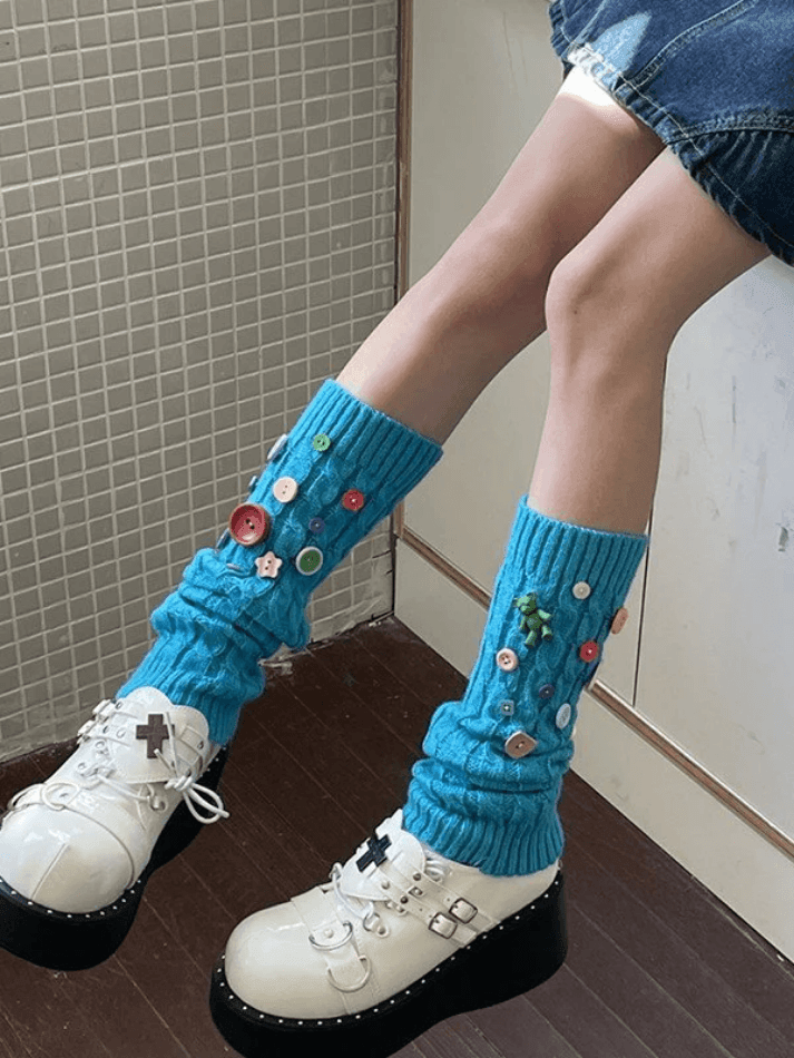 Button Embellished Cable Knit Leg Warmer