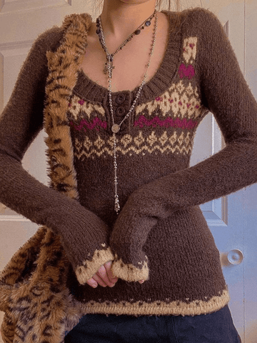 Jacquard-Strickpullover mit Knopfleiste vorne