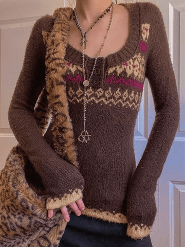 Jacquard-Strickpullover mit Knopfleiste vorne