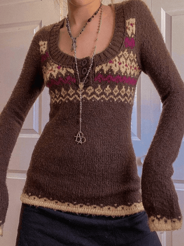 Jacquard-Strickpullover mit Knopfleiste vorne