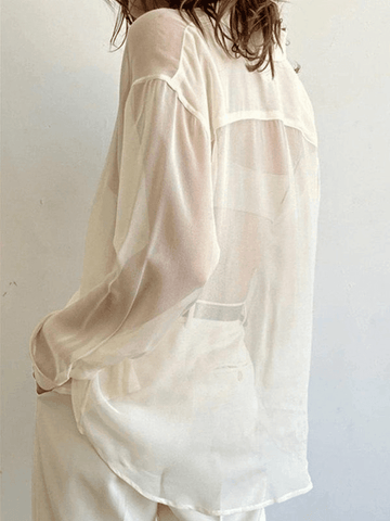 Button Front Semi Sheer Long Sleeve Blouse