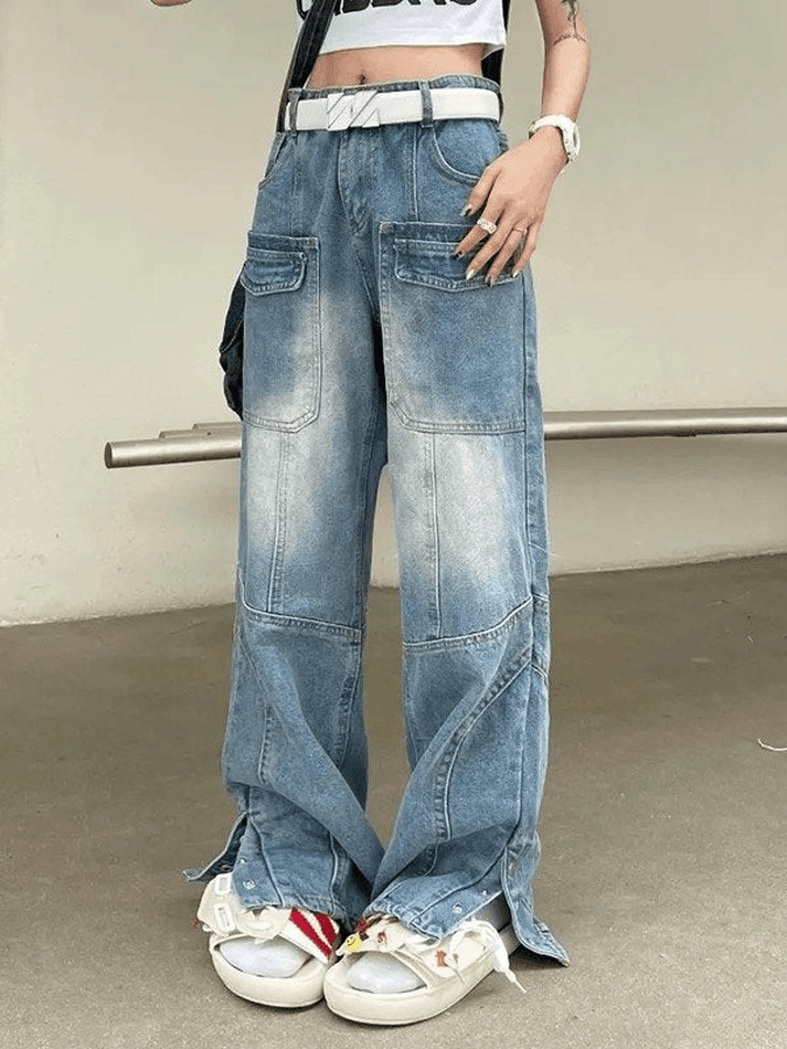 Button Split Blue Cargo Jeans