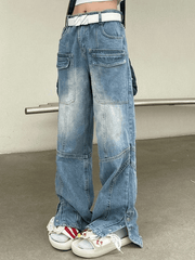 Button Split Blue Cargo Jeans
