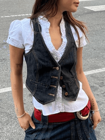 Geknöpftes Denim-Y2K-Korsett-Top