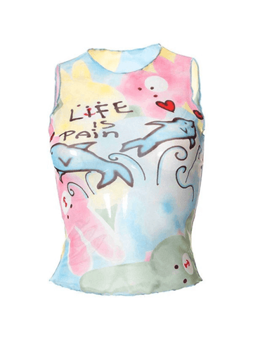 Tanktop aus Netzstoff mit Cartoon-Print