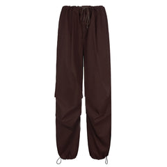Casual Low Waist Ruched Trim Baggy Cargo Pants - Brown