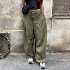 Casual Low Waist Ruched Trim Baggy Cargo Pants - Green