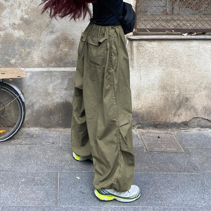 Casual Low Waist Ruched Trim Baggy Cargo Pants - Green