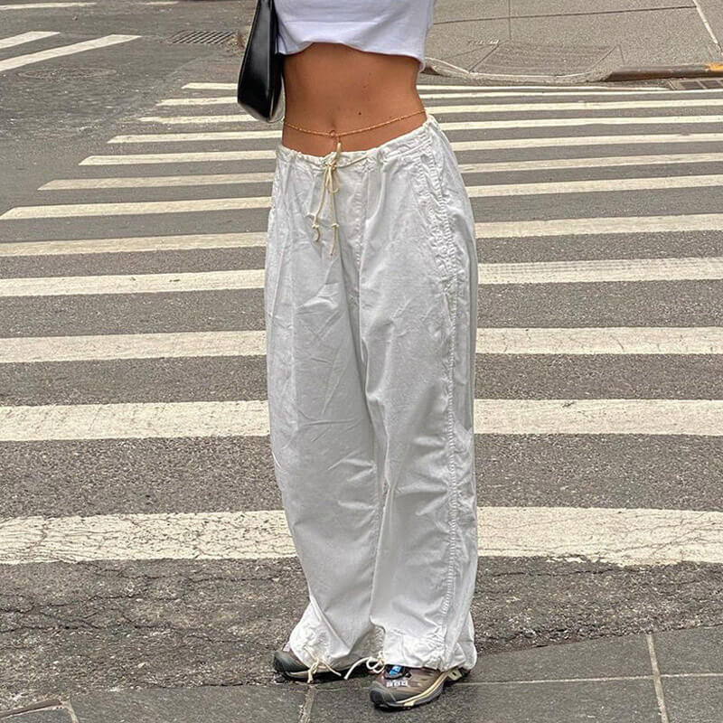 Casual Low Waist Ruched Trim Baggy Cargo Pants - White
