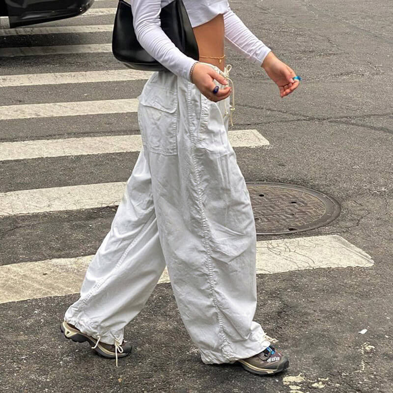 Casual Low Waist Ruched Trim Baggy Cargo Pants - White
