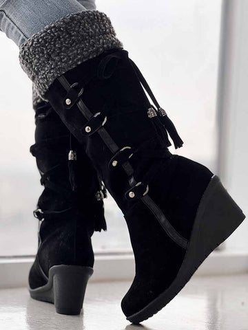 Fuzzy Tassel Wedge Calf Boots