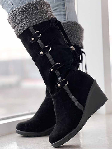 Fuzzy Tassel Wedge Calf Boots