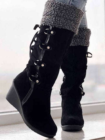 Fuzzy Tassel Wedge Calf Boots