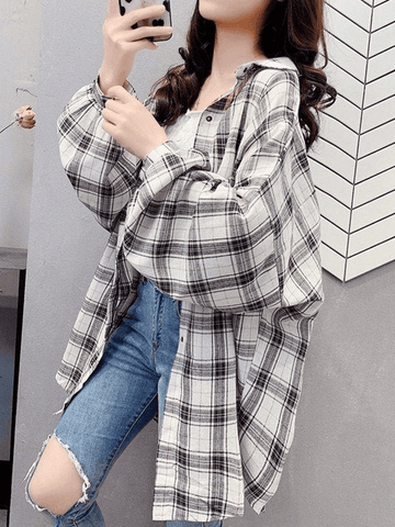 Checkered Baggy Long Sleeve Button Blouse