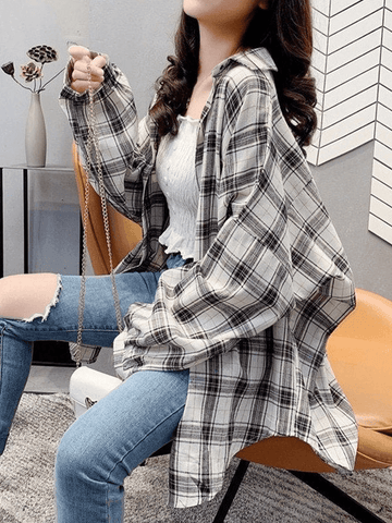 Checkered Baggy Long Sleeve Button Blouse