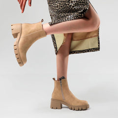 Chelsea Style Lug Sole Block Heel Ankle Boots - Khaki