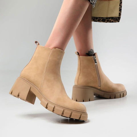 Chelsea Style Lug Sole Block Heel Ankle Boots - Khaki