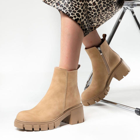 Chelsea Style Lug Sole Block Heel Ankle Boots - Khaki