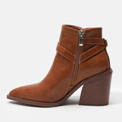 Chelsea Style Pointed Toe Buckle Strap Block Heel Ankle Boots - Caramel